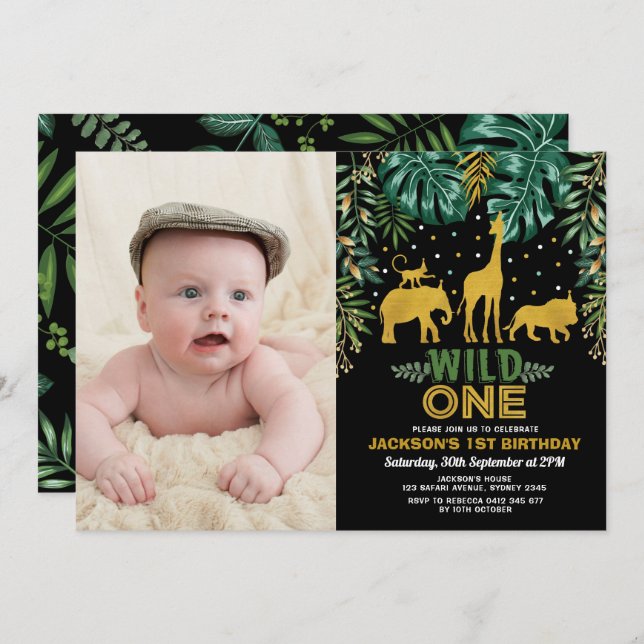 Wild One Tropical Jungle Safari 1st Birthday Party Invitation (Front/Back)