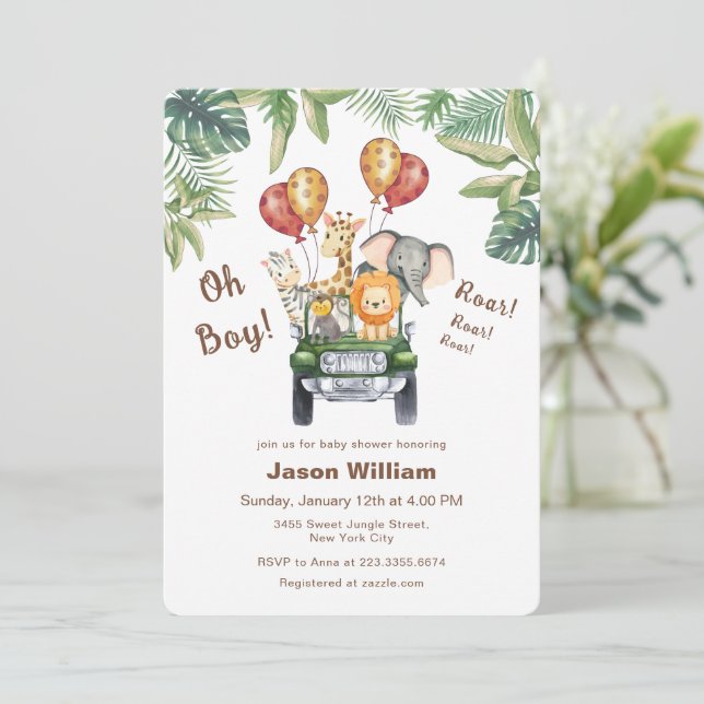 Wild One Tropical Jungle Safari Boy Baby Shower  Invitation (Standing Front)