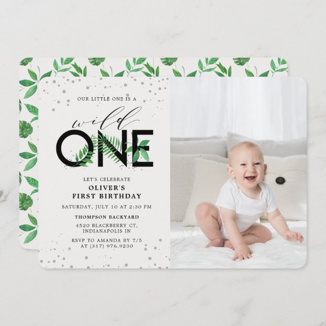 Wild One Tropical Modern 1st Birthday Photo Invitation (Front/Back)