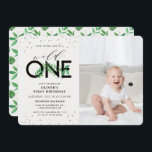 Wild One Tropical Modern 1st Birthday Photo Invitation<br><div class="desc">A modern Tropical foliage First Birthday Party Invitation. This "Wild One" design is unique and features a combination of bold more modern typography adorned with banana leaves and other tropical greenery, with script calligraphy all make the ultimate unique heading, all over a light grey background, this invitation includes a photo...</div>