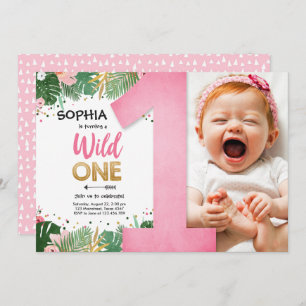 Wild One Tropical Safari Girl Pink First Birthday Invitation