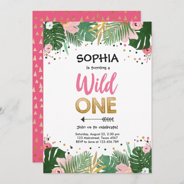 Wild One Tropical Safari Pink Girl First Birthday Invitation (Front/Back)