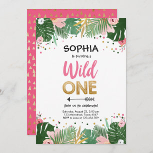 Wild One Tropical Safari Pink Girl First Birthday Invitation