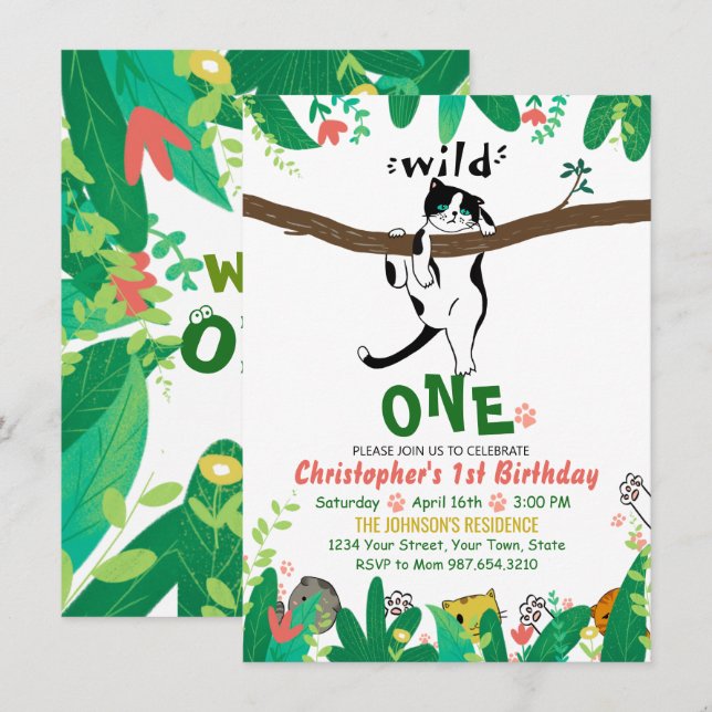 Wild One Tuxedo Kitty Kids 1st Birthday Invitation (Front/Back)