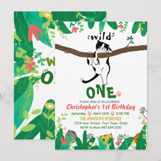 Wild One Tuxedo Kitty Kids 1st Birthday Invitation
