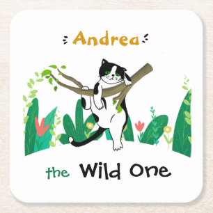 Wild One Tuxedo Kitty Kids 1st Birthday Invitation Square Paper Coaster