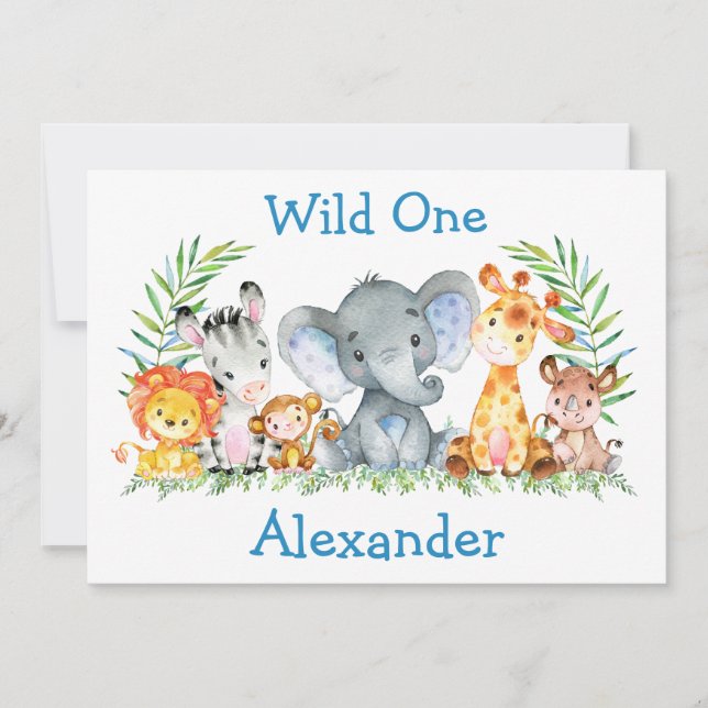 Wild One Watercolor Safari Animals 1st Birthday Invitation (Front)