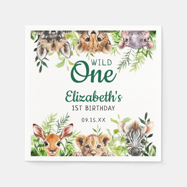 Wild One Watercolor Safari Animals 1st Birthday Napkin (Front)