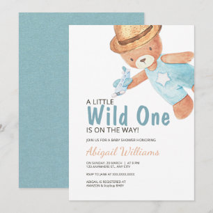 Wild One Watercolor Teddy Bear Baby Shower Invitat Invitation