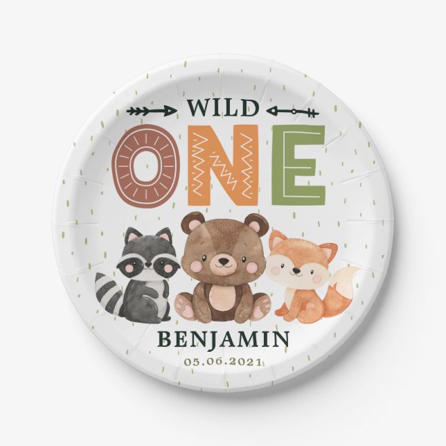 Wild One Woodland 1st Birthday Paper Plate (Front)