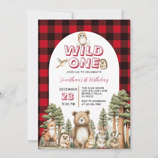Wild One Woodland Animal 1st Birthday Party Plaid Invitation (Front)