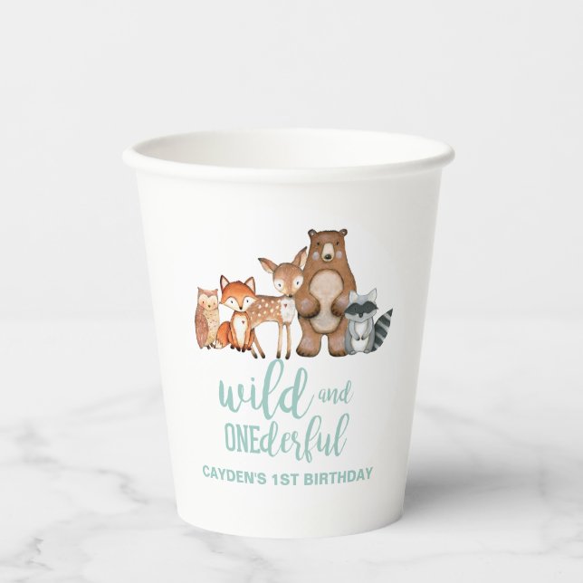 Wild One Woodland Animal Birch Tree First Birthday Paper Cups (Front)