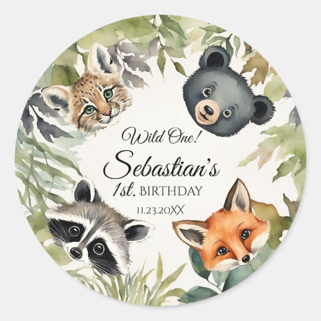 Wild One Woodland Animal Birthday Party Classic Round Sticker (Front)