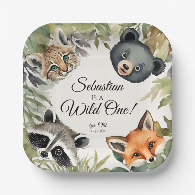 Wild One Woodland Animal Birthday Party Paper Plate (Front)