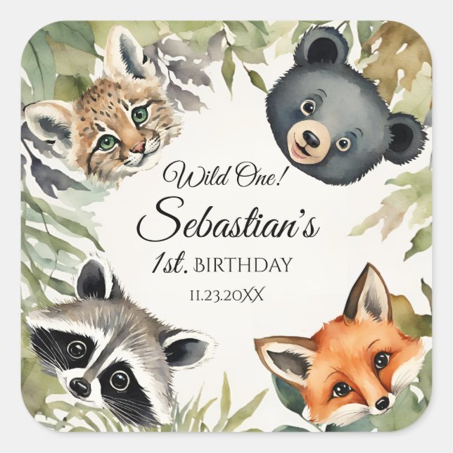 Wild One Woodland Animal Birthday Party Square Sticker (Front)