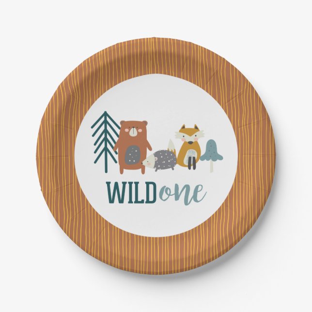 Wild One Woodland Animal First Birthday Paper Plat Paper Plate (Front)