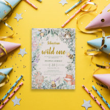 Wild One Woodland Animals 1st Birthday Invitation