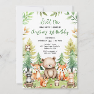 Wild One Woodland Animals 1st Birthday Invitation