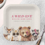 Wild One Woodland Animals Baby Shower  Paper Plate<br><div class="desc">Wild one rock n roll / music festival inspired woodland baby shower theme featuring bear cub with pink fur and pink lightning bolt over one eye,  racoon with pink mohawk and heart over one eye,  fox with daisy sunglasses,  and deer fawn with pink spots.</div>