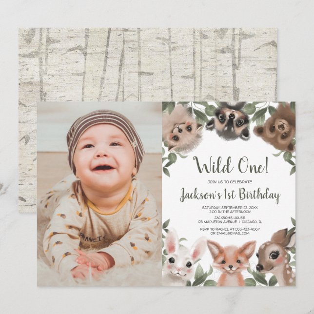 Wild One woodland animals boys 1st birthday photo Invitation (Front/Back)