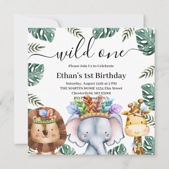 Wild One Woodland Animals Forest 1st Birthday Invi Invitation (Front)