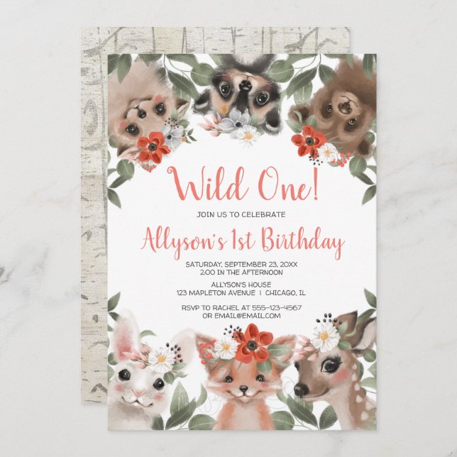 Wild One woodland animals girls 1st birthday party Invitation (Front/Back)