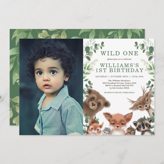 Wild One Woodland Animals Greenery Birthday Photo Invitation (Front/Back)