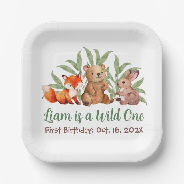 Wild One Woodland Animals Greenery First Birthday  Paper Plate (Front)