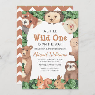 Wild One Woodland Animals w Bear Brown Baby Shower Invitation
