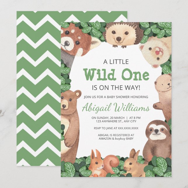 Wild One Woodland Animals w Bear Green Baby Shower Invitation (Front/Back)