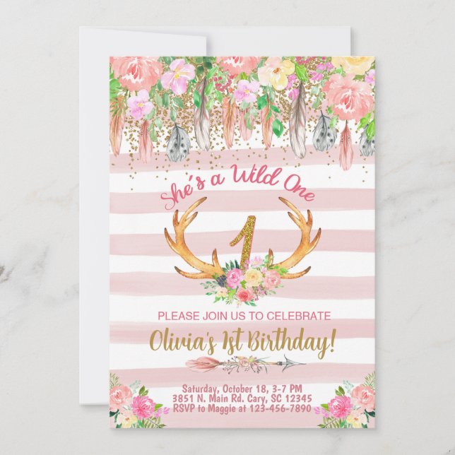 Wild One woodland antlers girl birthday invite. Invitation (Front)