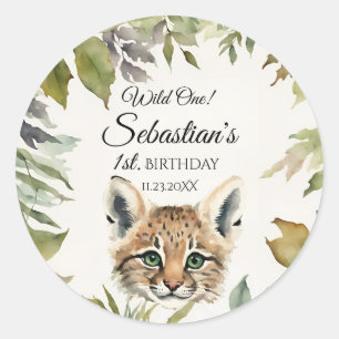 Wild One Woodland Bobcat Birthday Party Classic Round Sticker