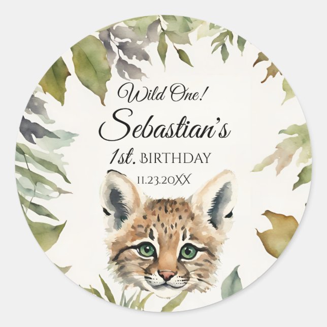 Wild One Woodland Bobcat Birthday Party Classic Round Sticker (Front)