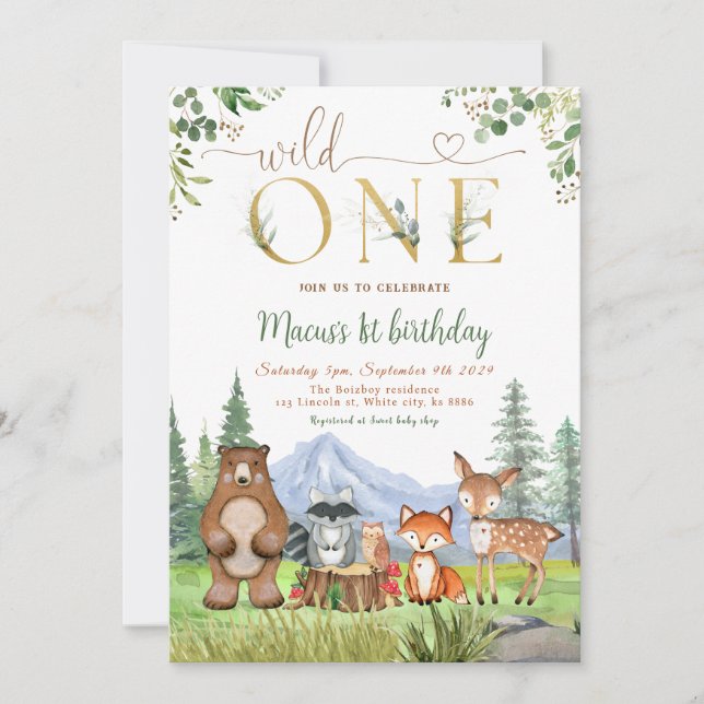 Wild One Woodland Creatures Birthday Party Invitation (Front)