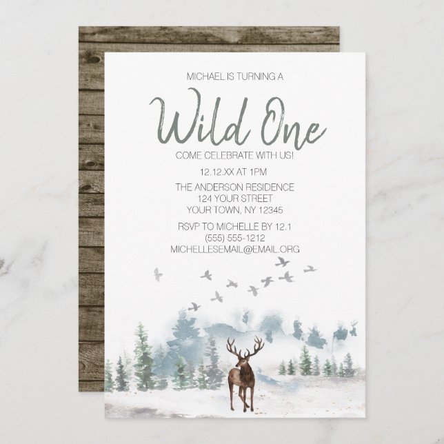 Wild One Woodland Deer Forest First Birthday Invitation (Front/Back)