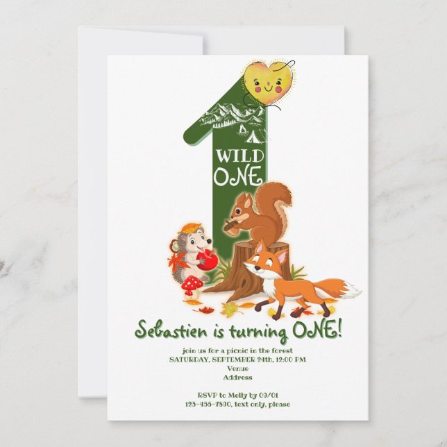 Wild ONE Woodland Forest Animal Kids 1st Birthday Invitation (Front)