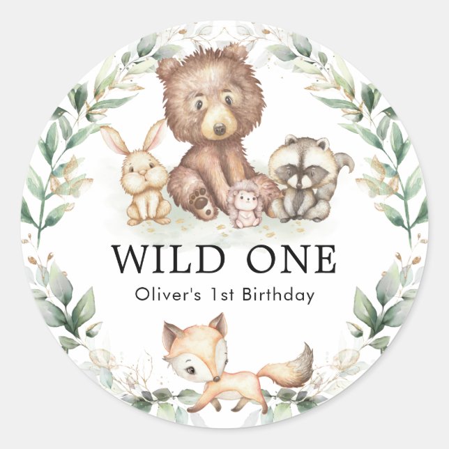 Wild One Woodland Forest Animals Greenery Birthday Classic Round Sticker (Front)