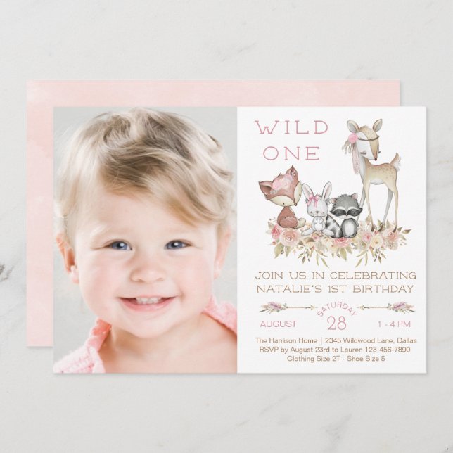 Wild One Woodland Girl Photo First Birthday Party Invitation (Front/Back)