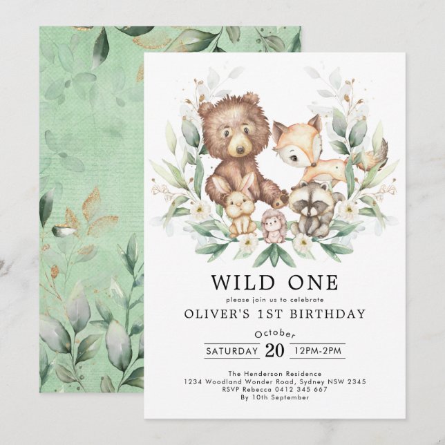 Wild One Woodland Greenery Gold Birthday Party Invitation (Front/Back)
