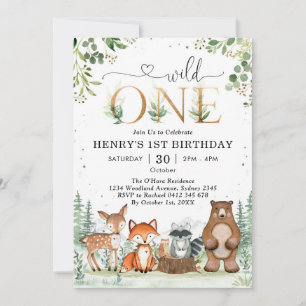 Wild One Woodland Party Animals Boy 1st Birthday Invitation