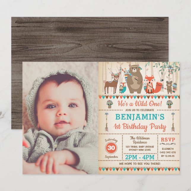 Wild One Woodland Tribal Animals Birthday Photo Invitation (Front/Back)