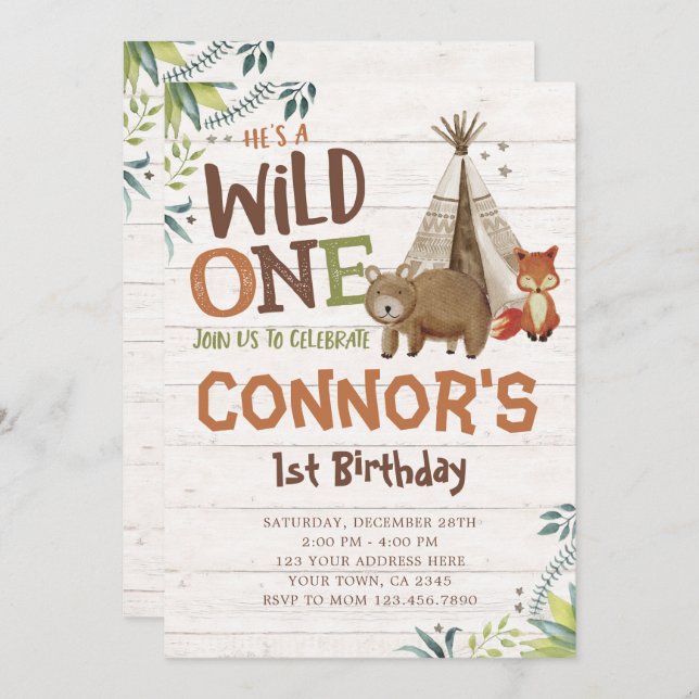 Wild One, Woodland, Tribal Invitation (Front/Back)