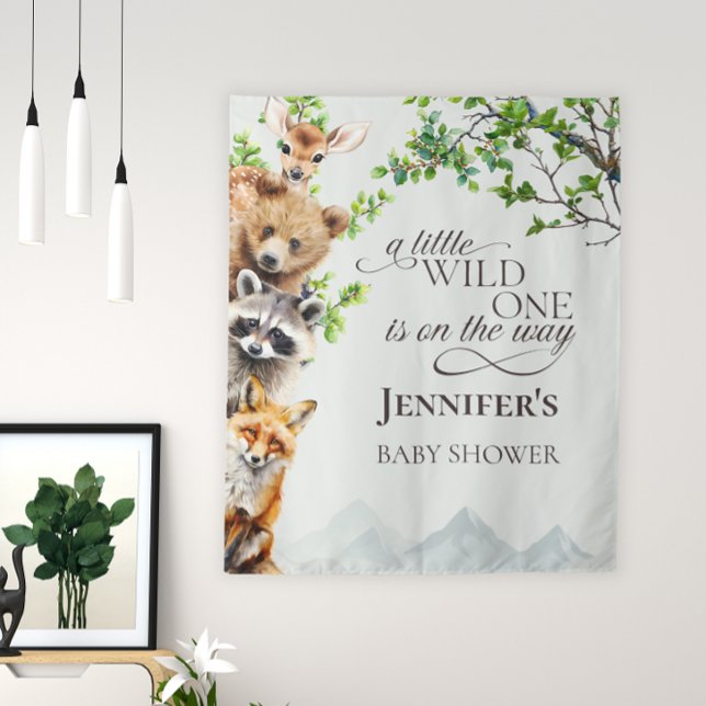 Wild One Woodland Wildlife Baby Shower Backdrop  Tapestry (Creator Uploaded)