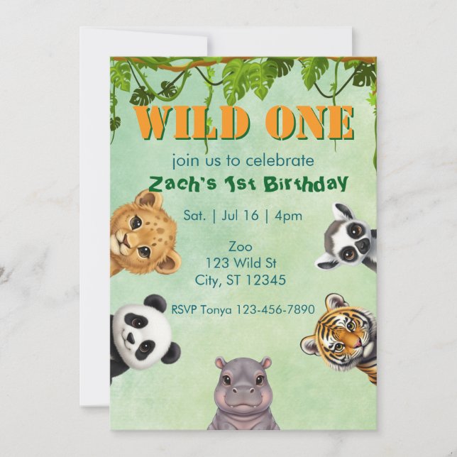 Wild One, Zoo Animal 1st Birthday Invitation (Front)