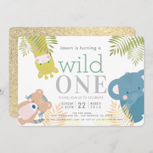 Wild One Zoo Animals Elephant Gold 1st Birthday Invitation