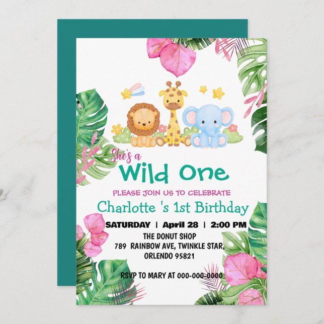Wild One Zoo rainbow jungle 1st Animals Birthday Invitation (Front/Back)
