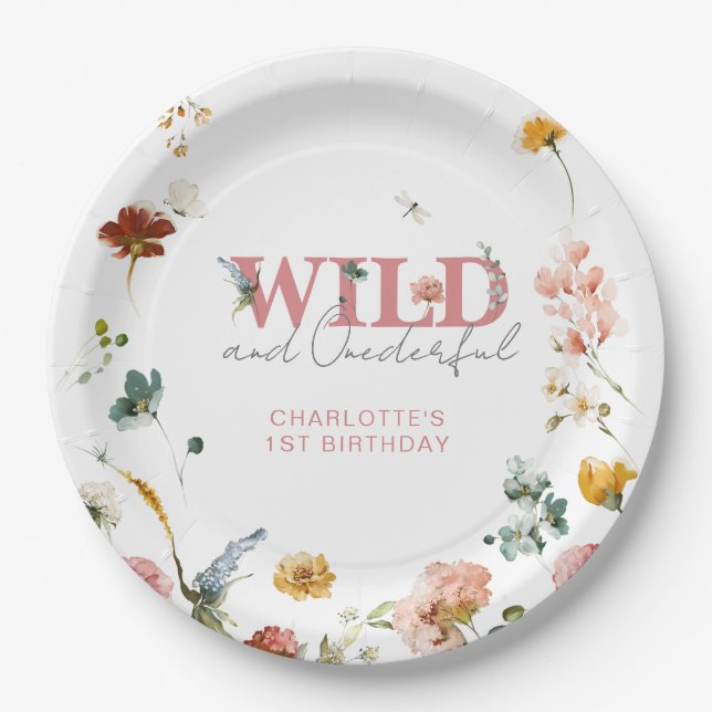 Wild & Onederful Floral Pink Girl 1st Birthday Paper Plate (Front)