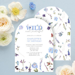 Wild & Onederful Girl 1st Birthday Blue Floral Inv Invitation