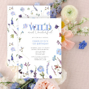 Wild & Onederful Girl 1st Birthday Blue Floral Invitation