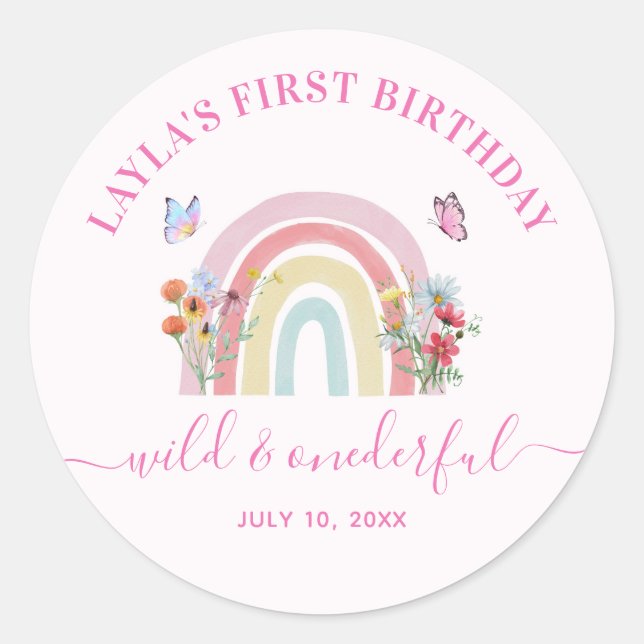 Wild & Onederful Wildflower Rainbow 1st Birthday  Classic Round Sticker (Front)